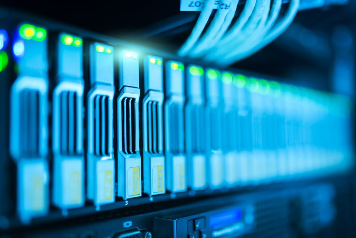Close-up of illuminated server hardware representing secure, encrypted cloud infrastructure